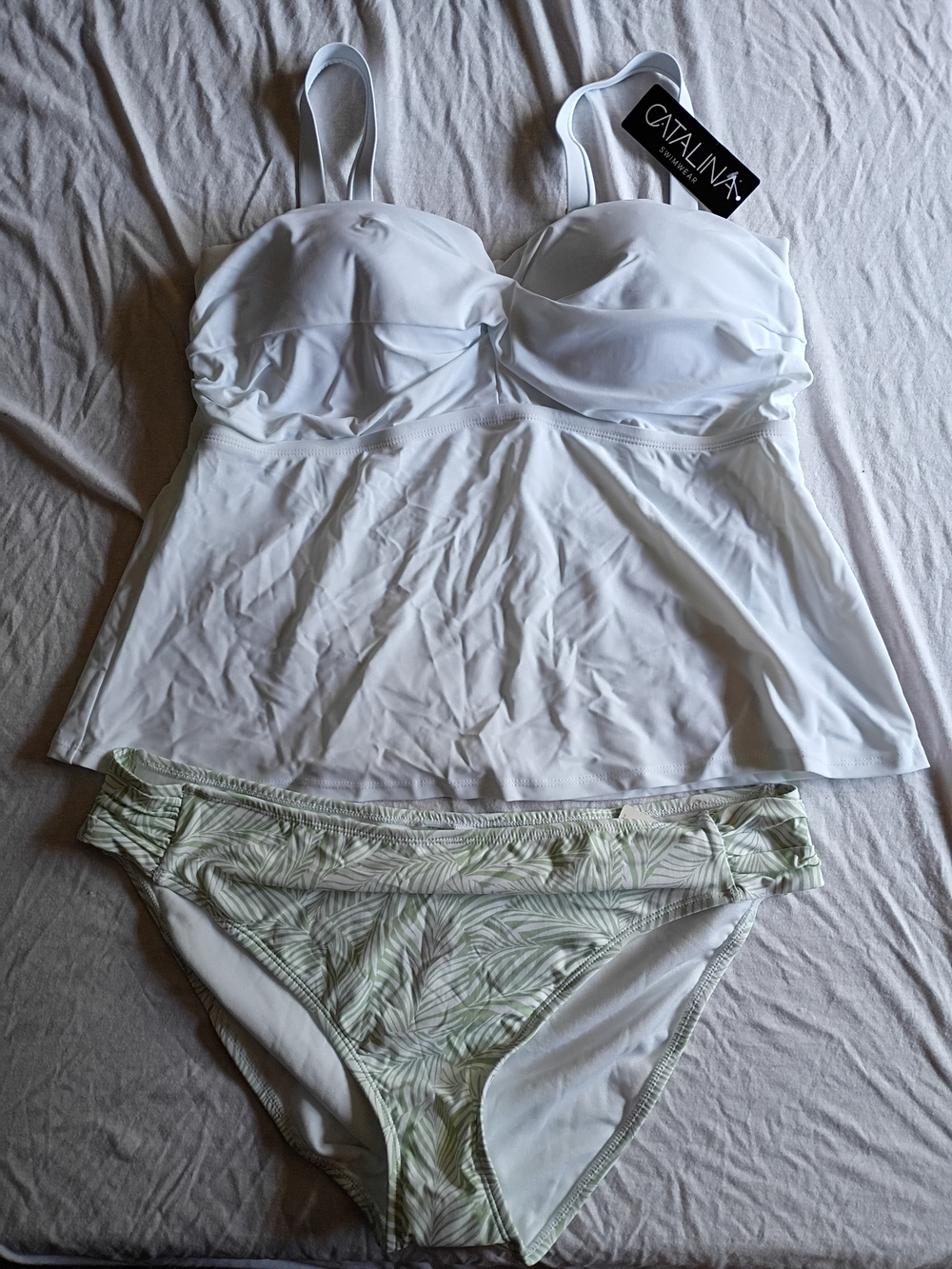 Catalina White Tankini Top with Green Leaf Bikini Bottom
